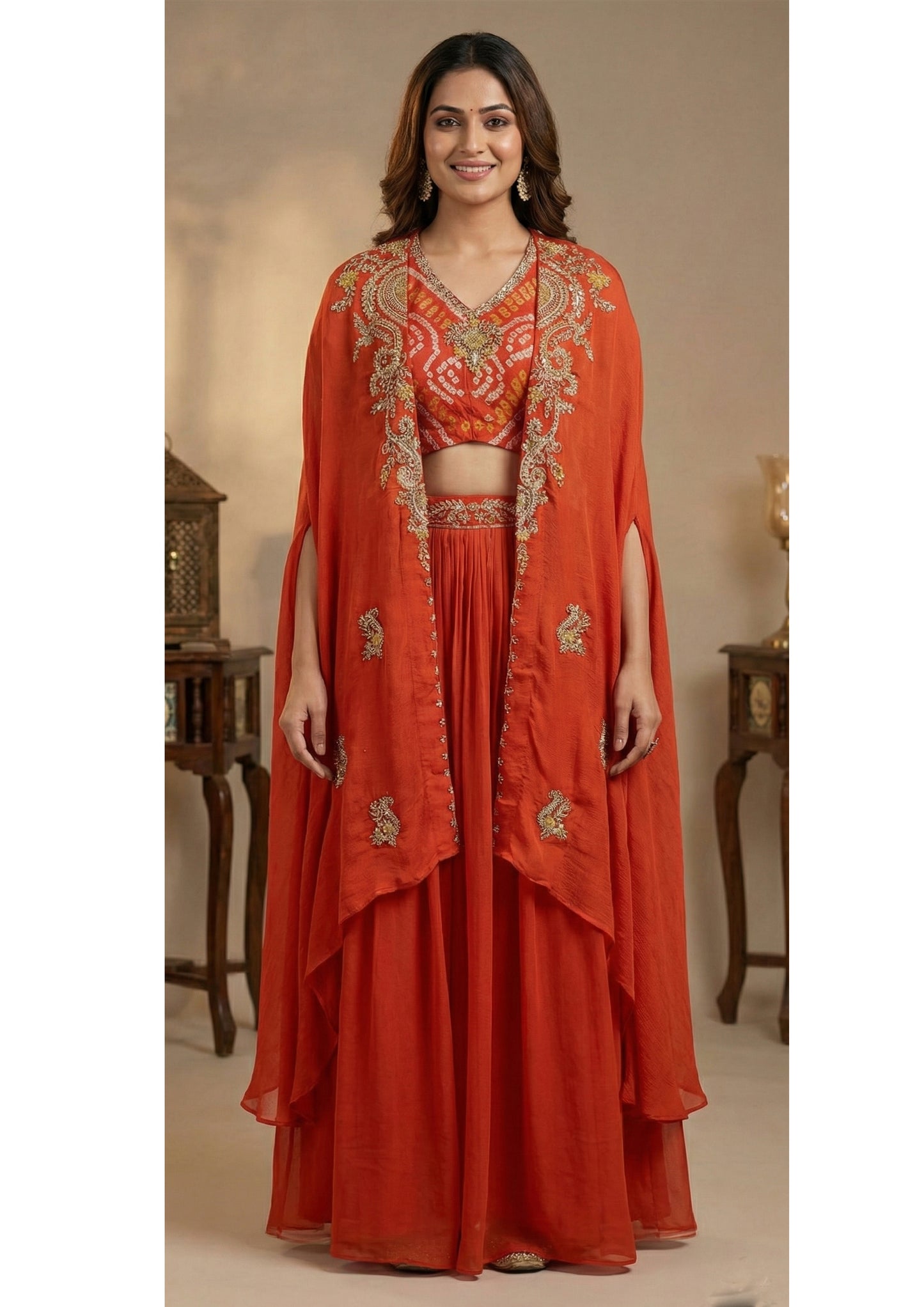 3pc Cape Bustier Skirt Set- Chinnon and Bandhej with Hand Embroidery